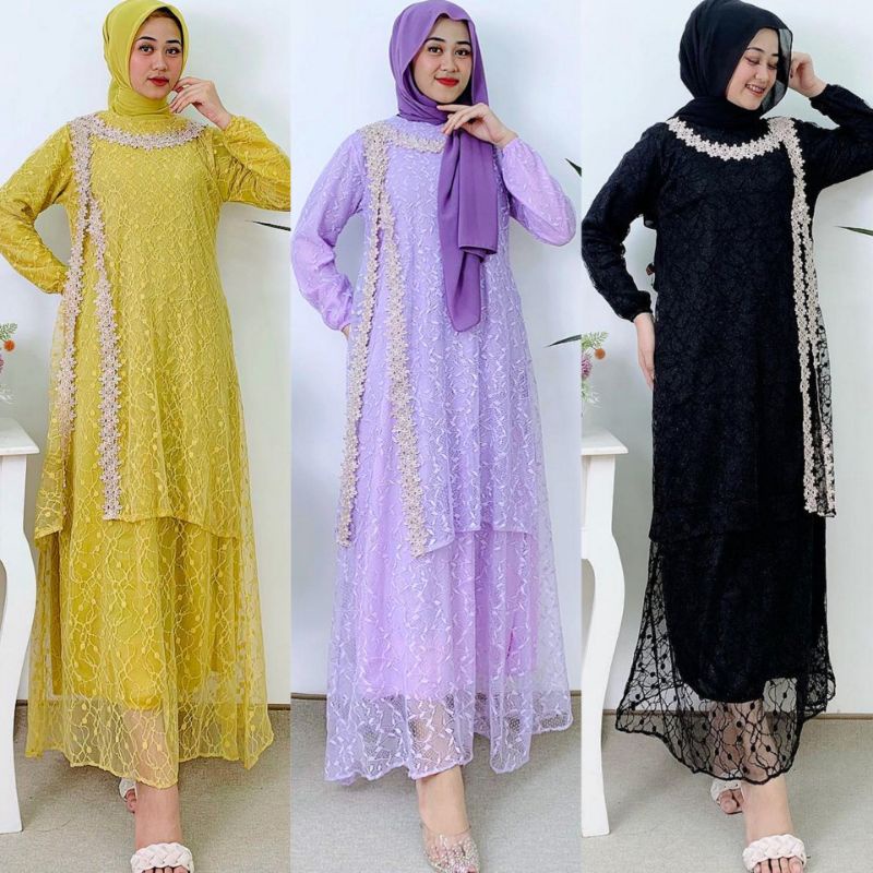 Gamis Malaysia Brokat Renda Import Full Puring