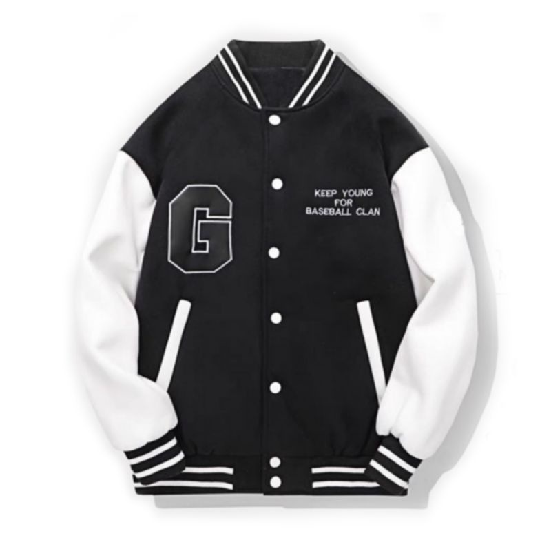 Jaket Baseball Big Size (S - 6XL) KEEP YOUNG BASEBALL CLAN Jaket Varsity Kancing INISIAL G LOGO Bomber FLeece Unisex Jacket Boy Girl Pria Wanita Jumbo Hitam Putih Lilac purple Mix Kombinasi 2 Warna Street Wear Urban Style hiphop Lavender Peach M L XL XXL