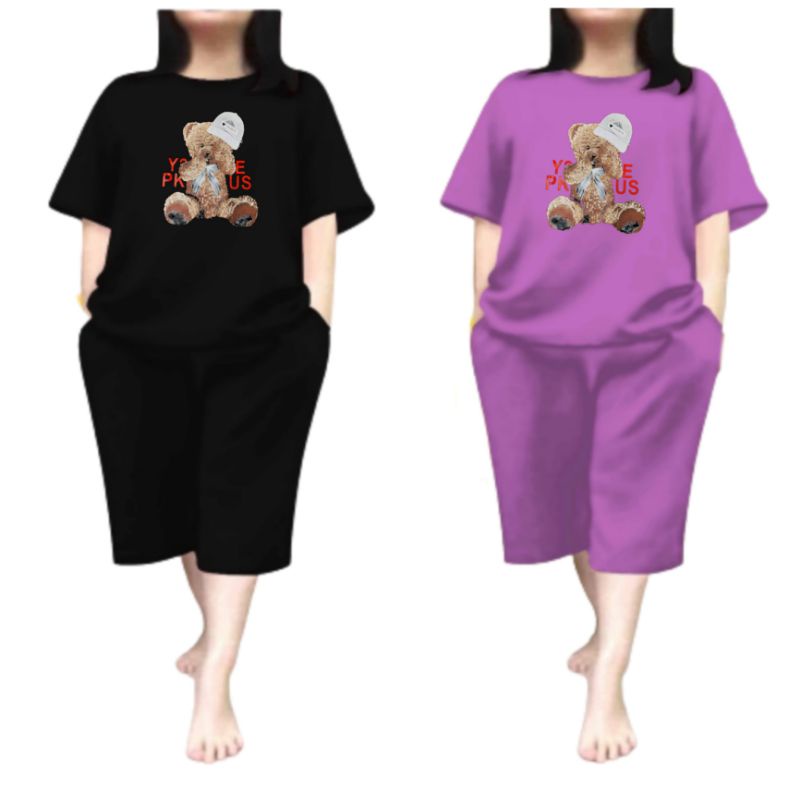 Baju Setelan Wanita Dewasa Jumbo Ld 115 Cm One Set Wanita Kaos dan Celana Pendek Oversize 3/4 Baju Setelan Cewek Dewasa Terbaru 2023 Kekinian Stelan Wanita  Dewasa Viral Set beruang topi favorite