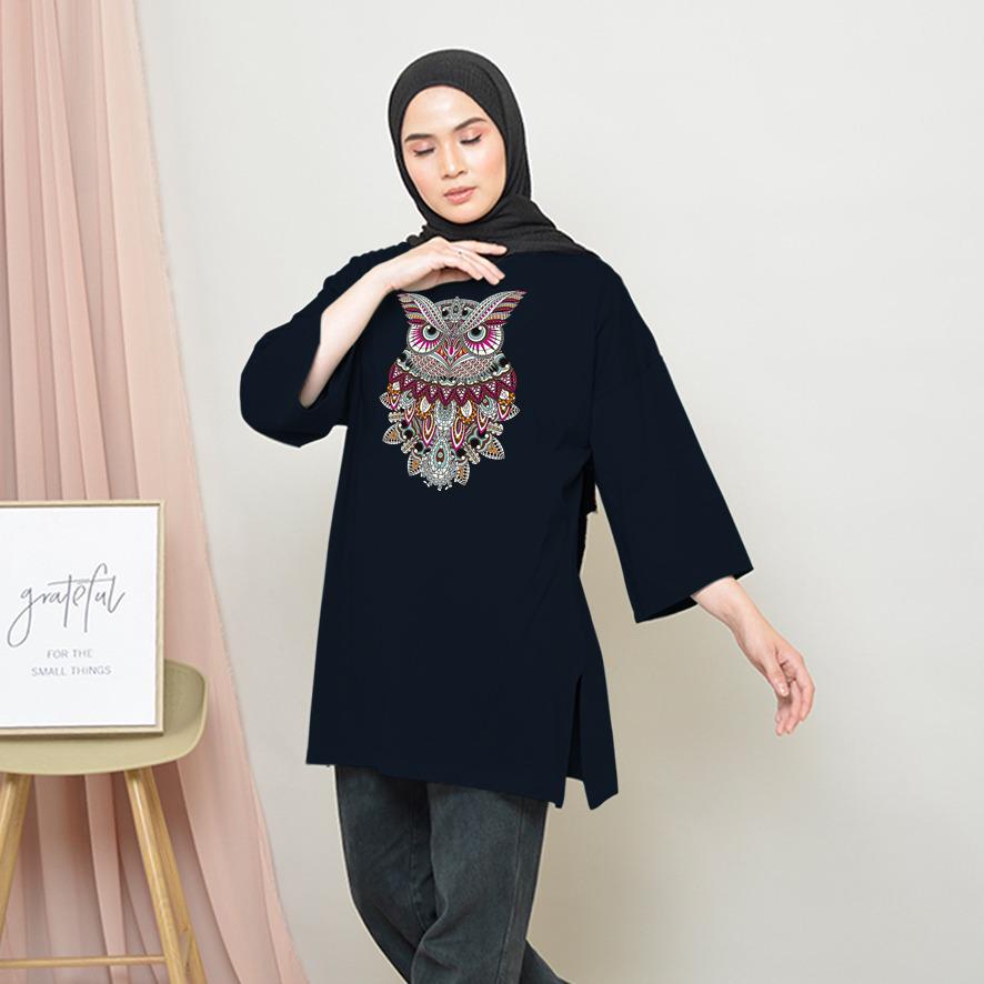 KAOS OVERSIZE TOP HIJAB WANITA BASIC OWL BATIK / OVERSIZE SLIT BLOUSE GAMBAR DTF / DIGITAL PRINT