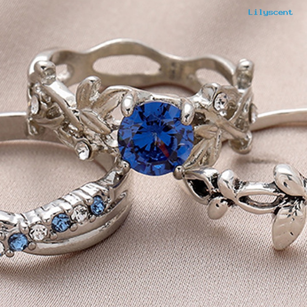 [LS]3Pcs Wanita Cincin Bunga Perhiasan Permata Imitasi Bersinar Stackable Knuckle Rings Untuk Pesta Perjamuan Prom