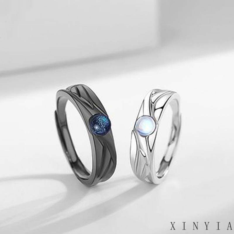 【Bayar di tempat】Cincin Metal Cincin Hitam Putih Moon Shaped Sintetis Moonstone Cincin Fashion Pasangan Yang Dapat Disesuaikan