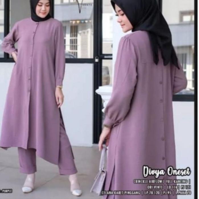 Quality Control✅Stelan Long Tunik Divya Cringkle Kemeja Kancing Depan Belakang/One Set Divya Cringkl