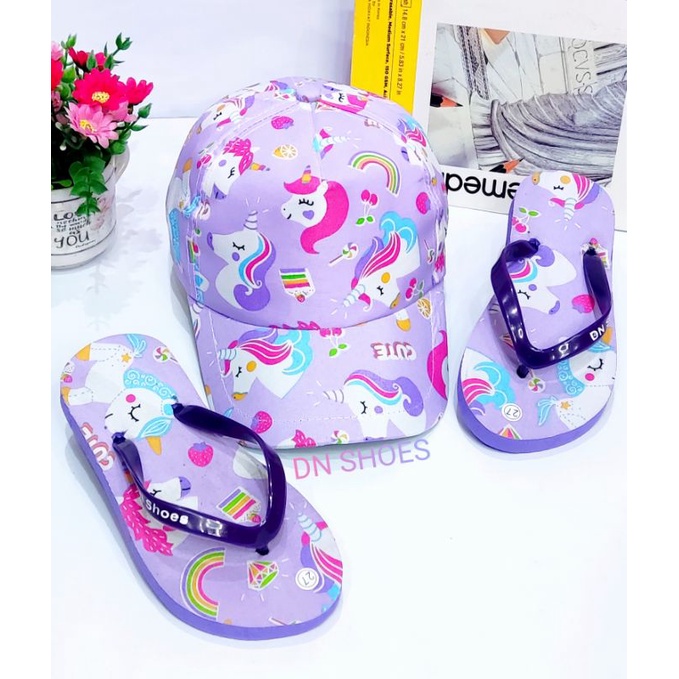 Paket Sandal Anak Perempuan Paket Topi dan Sandal Jepit Anak Perempuan Paket Sandal Flat dan Topi Anak Murah Lucu Karakter Unicorn Ungu Cute