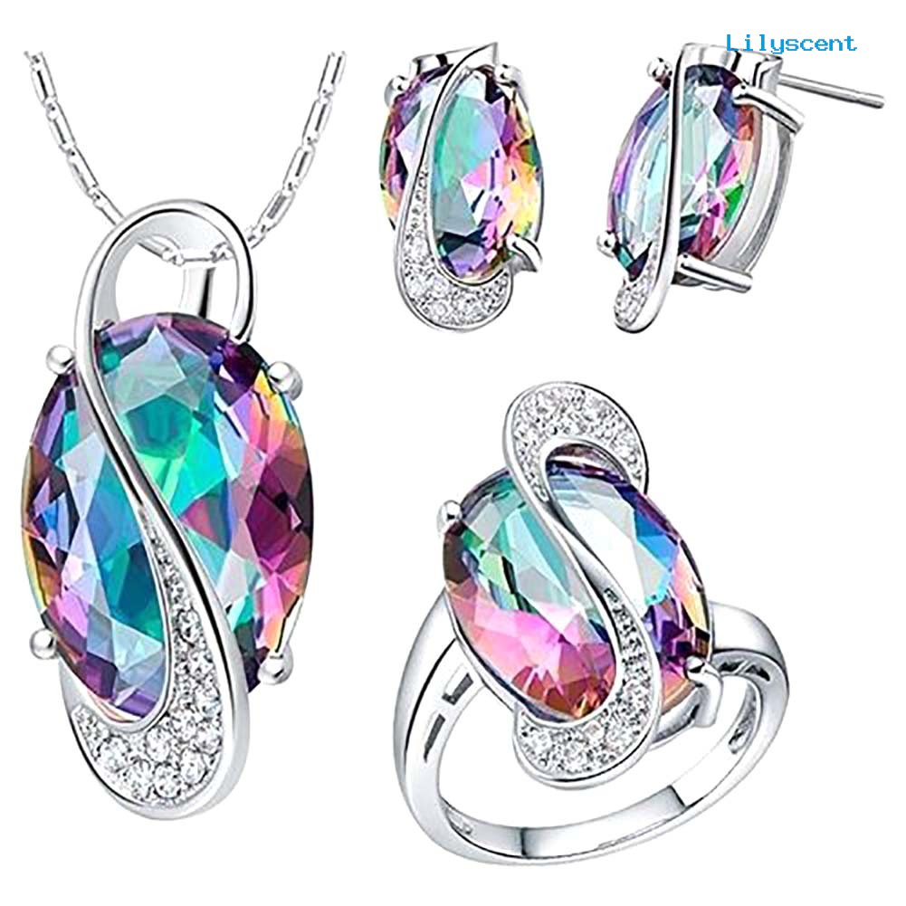 [LS] Fashion Wanita Pelangi Imitasi Topaz Liontin Kalung Anting Cincin Perhiasan Set