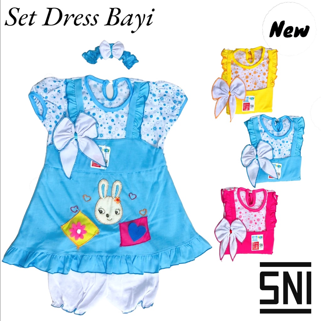 Setelan Dress Baju Bayi SNI Free Bando One Set Dress Bayi 3in1 Set Dress Baju Bayi Perempuan Baju Anak Perempuan Celana Pendek Kaos Baju Bayi Anak