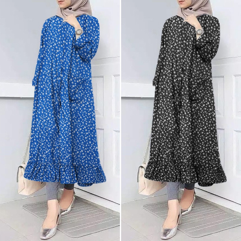 ZANZEA Women Button Down Front Long Sleeve Ruffles Hem Muslim Long Dress