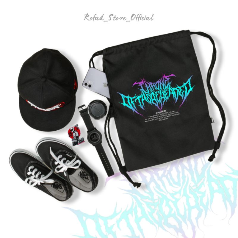 Rofad Store - Tas Serut Metal Gradasi - String Bag bahan kanvas - tas sekolah olahraga unisex warna hitam terbaru