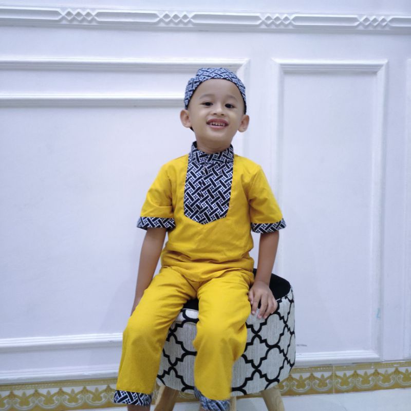 Setelan Koko anak 1 2 3 4 5 6 7 tahun baju muslim anak laki laki motif polos batik kunyit merah hitam putih koko batik sultan fatonah shop terbaru viral ( SETELAN KOKO BATIK )