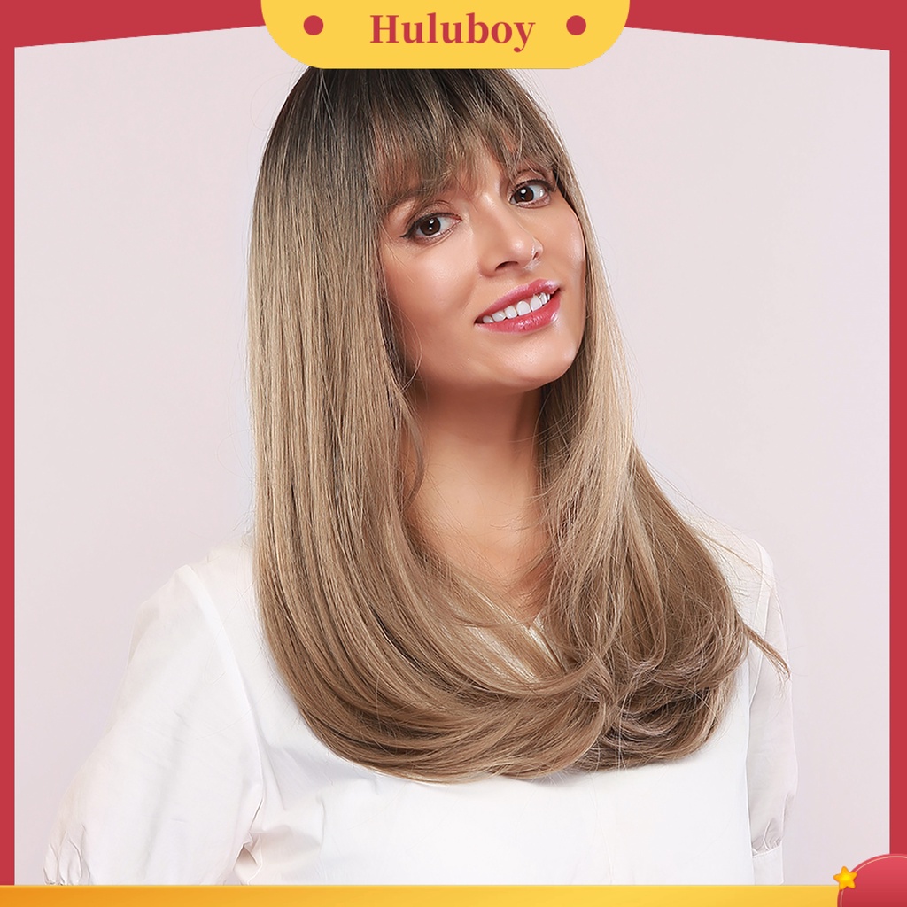 Wig Rambut Sintetis Model Panjang Dengan Poni Warna Coklat Emas Untuk Wanita