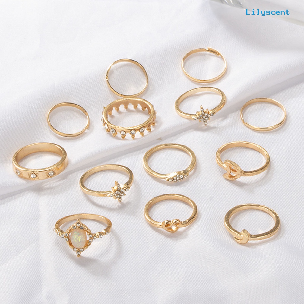 [LS]13Pcs /Set Cincin Fashion Bersinar Berlian Imitasi Mahkota Bulan Bintang Knuckle Ring Untuk Pesta