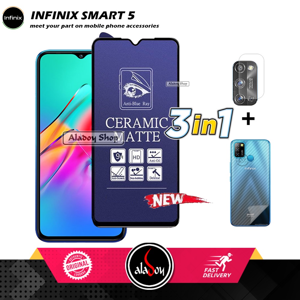 PAKET 3IN1 Anti Gores Blue Matte Anti Glare Infinix Smart 5 + Tempered Glass Camera dan Skin Carbon