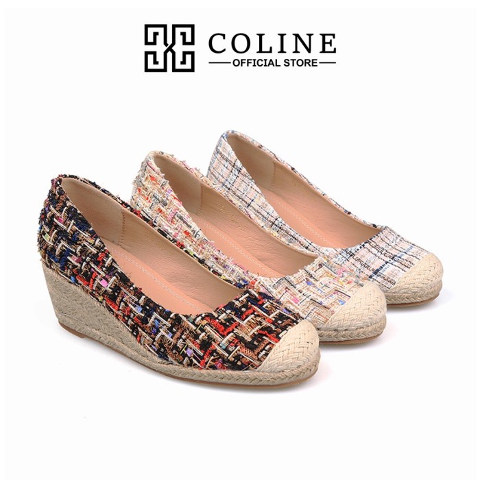 COLINE CLN-530 Tweed Espadrilles Wedges Shoes 6cm #C1135