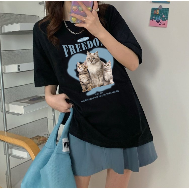 Cat Kaos Lengan Pendek Cream Atasan Wanita Oversize Printed T-shirt Kekinian Korean Style/atasan anak perempuan