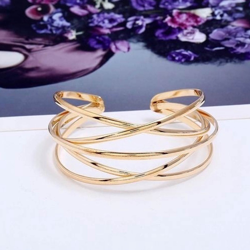 Gelang Bangle Kawat Silang Multi-Lapisan Terbuka Gelang Manset Lebar Yang Dapat Disesuaikan
