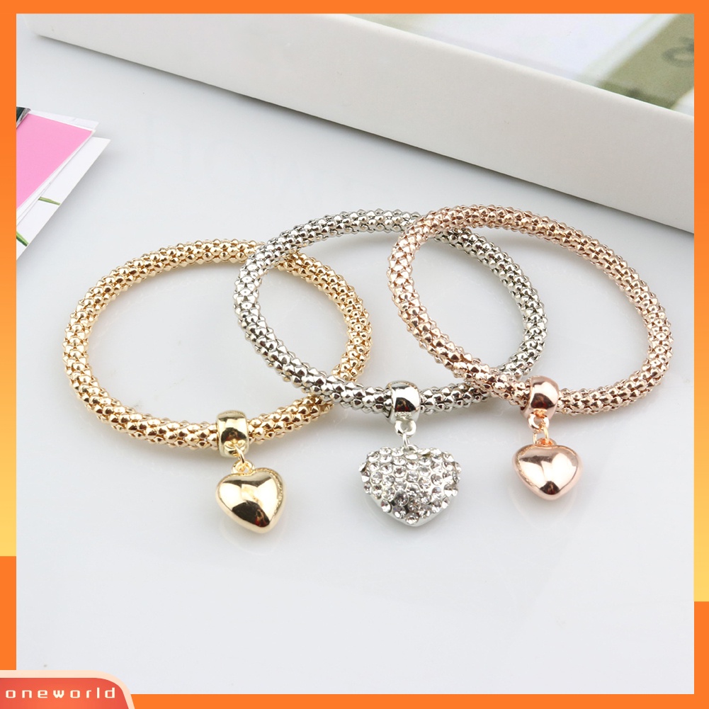 [WONE] 3pcs/set Berlian Imitasi Jantung Tangan Fatima Pesona Rantai Jagung Lady Gelang Bangle