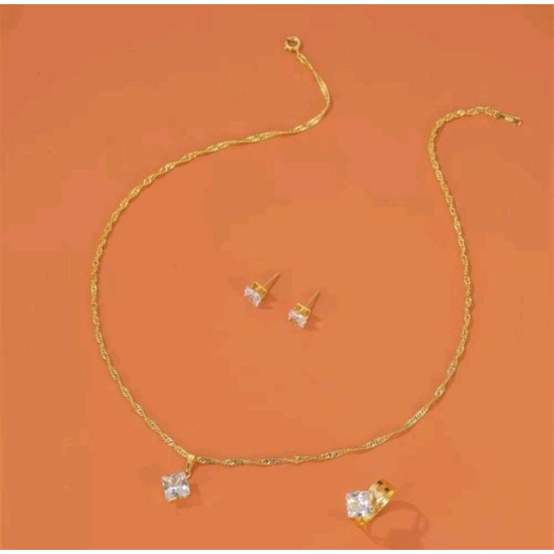 FerenHongXia Anting Zirkon Persegi Kristal Baru Dan Set Kalung