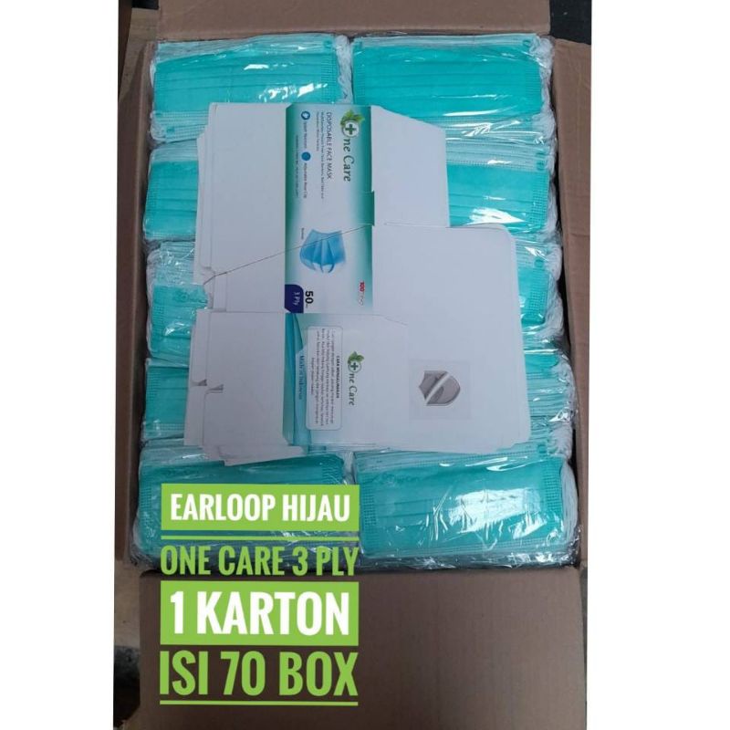 Masker Earloop Hijau One Care 3 ply 1 Karton Isi 70 Box