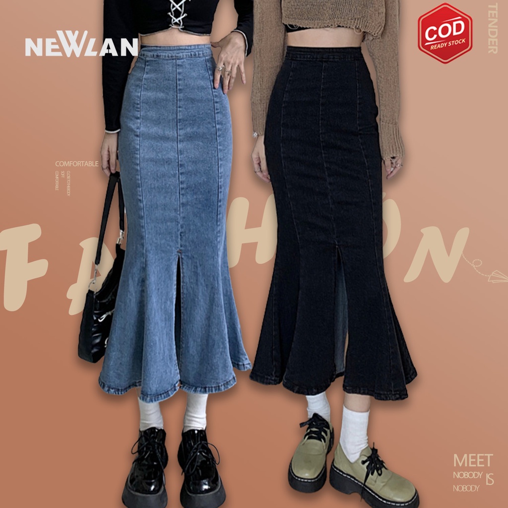 Newlan QZ049 Rok denim slit stretch/ span panjang ||Hyuna Denim Skrit /Rok Jeans /Maxi Skrit /Rok Ma
