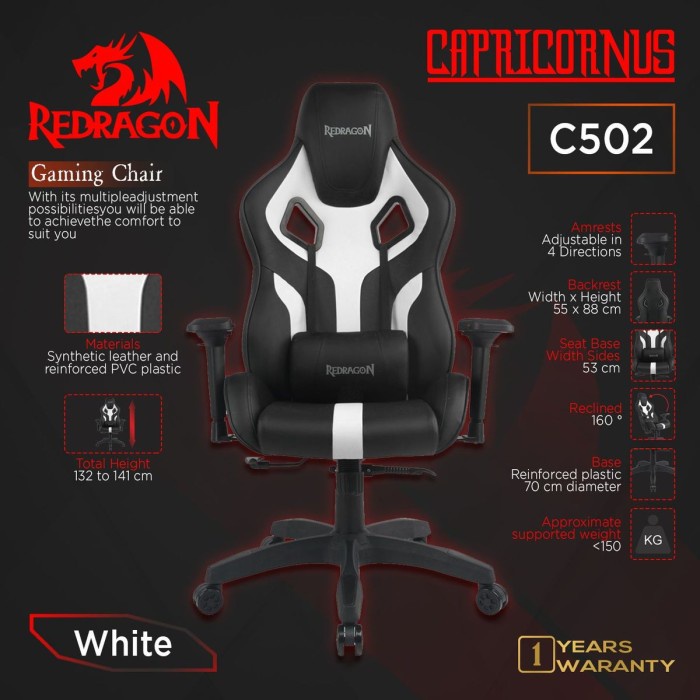 Kursi Redragon Capricornus C502 Premium Quality Kursi Gaming Chair White