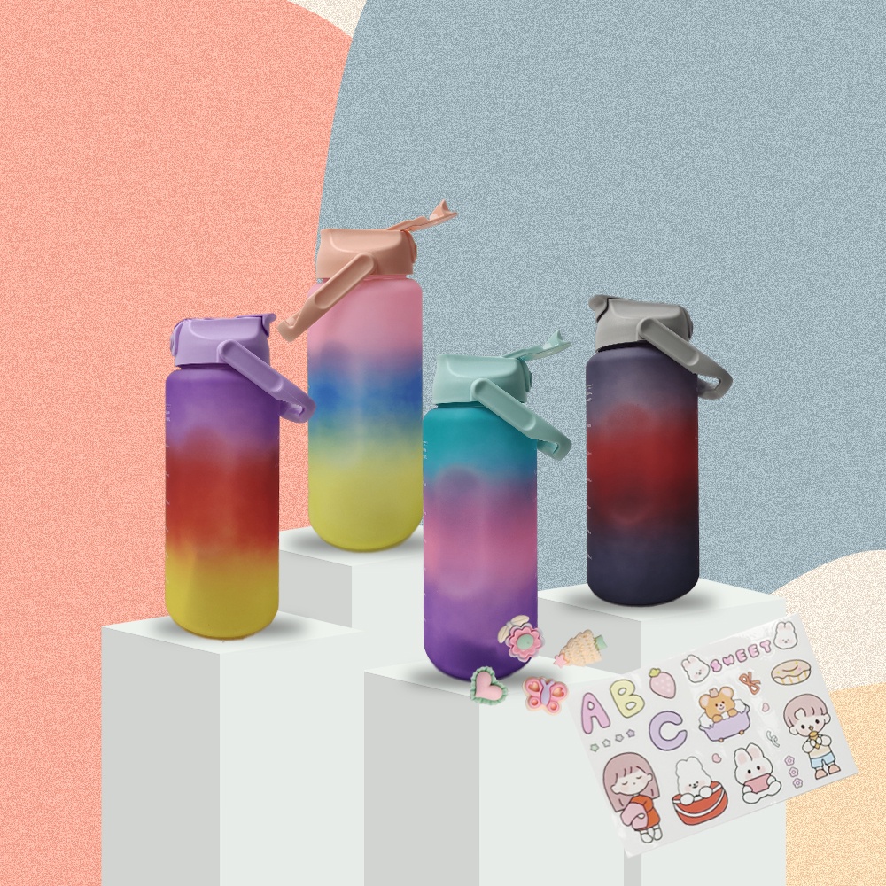 Botol Minum Tumbler 2Liter Gradasi Viral / Botol Air Motivasi Thumbler Pelangi Botol Penanda Waktu B