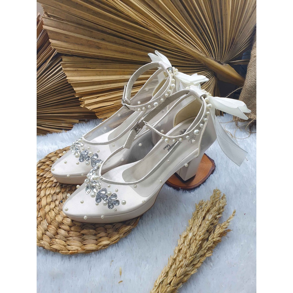 Sepatu wedding cantik v merrisa jaring tali pita broken white 9 cm