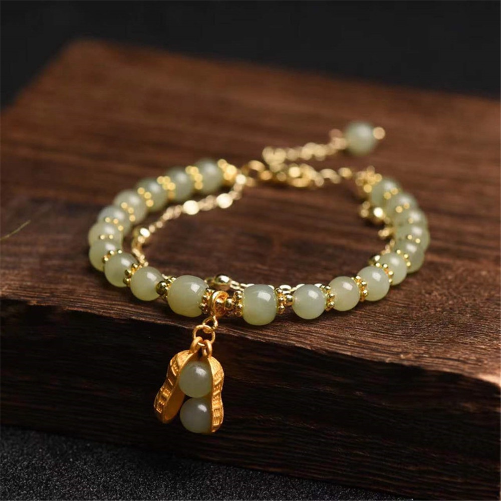 Woman light luxury Elegan retro peanut pendant Jade double-layer Rantai Gelang Perhiasan Hadiah