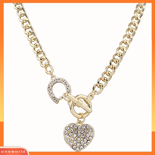 [WONE] Wanita Bertatahkan Berlian Imitasi Bentuk Hati Liontin Pendek Curb Rantai Kalung Perhiasan
