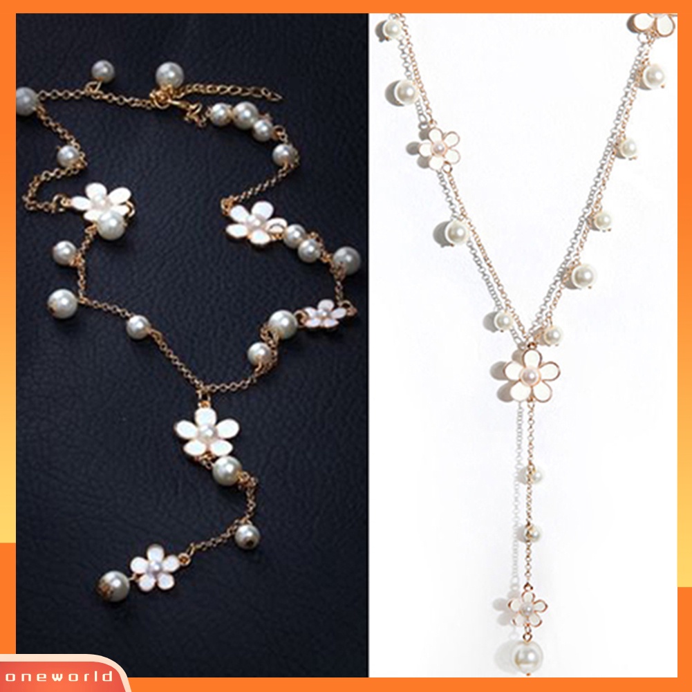 [WONE] Mutiara Imitasi Elegan Bunga Sweater Rantai Kalung Panjang Sosialita Lady Jewelry