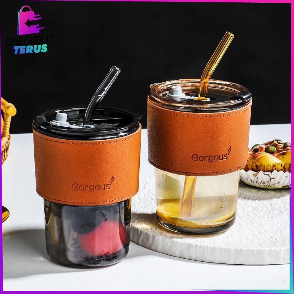 CT C742 Tumbler Minum Aesthetic Gelas Minum Transparan Ukuran 400ML dengan Sedotan Bottle Cup Kaca Anti Panas Portabel