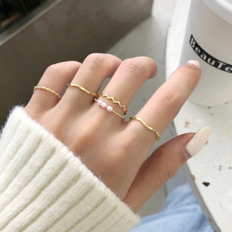 5 Pcs/Set Cincin Korea Ins Lingkaran Mutiara Cincin Wanita Gadis Fashion Aksesoris Perhiasan Jewelry