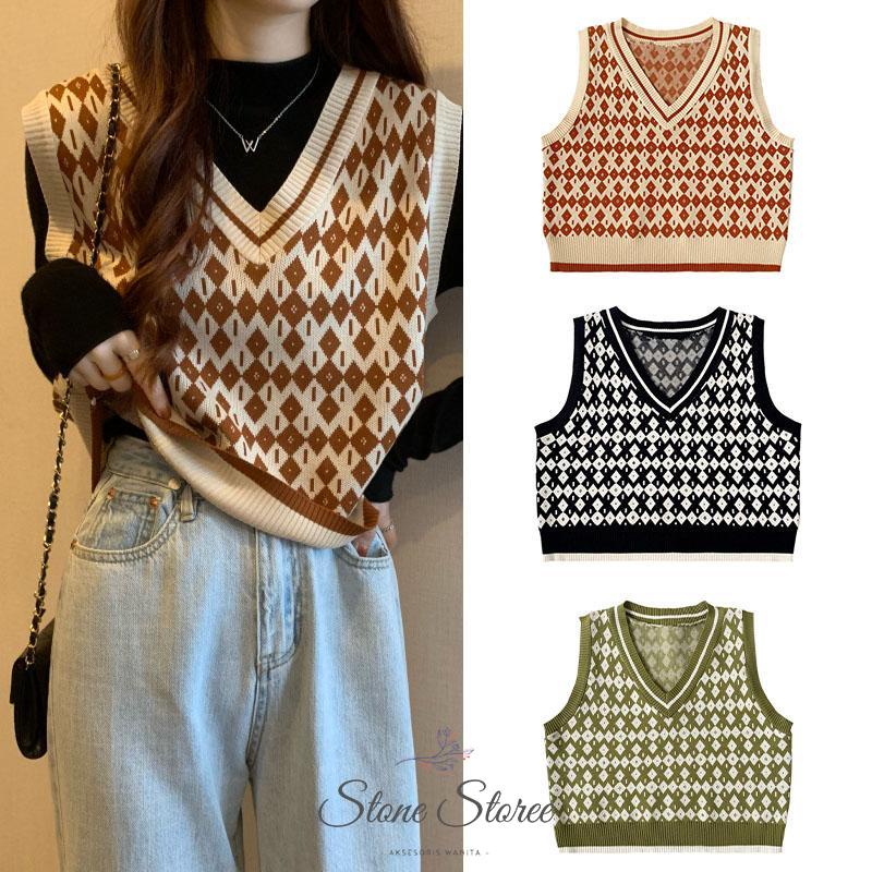 Jennie Vest Knit / Houndstooth Vest Knit / Rompi Wanita Korea - Poliester - Hitam/Khaki/Hijau