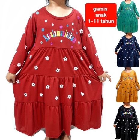 Gamis 1- 11 tahun pakaian muslim Anak perempuan model fashion kerut kaos lengan panjang assalam murah