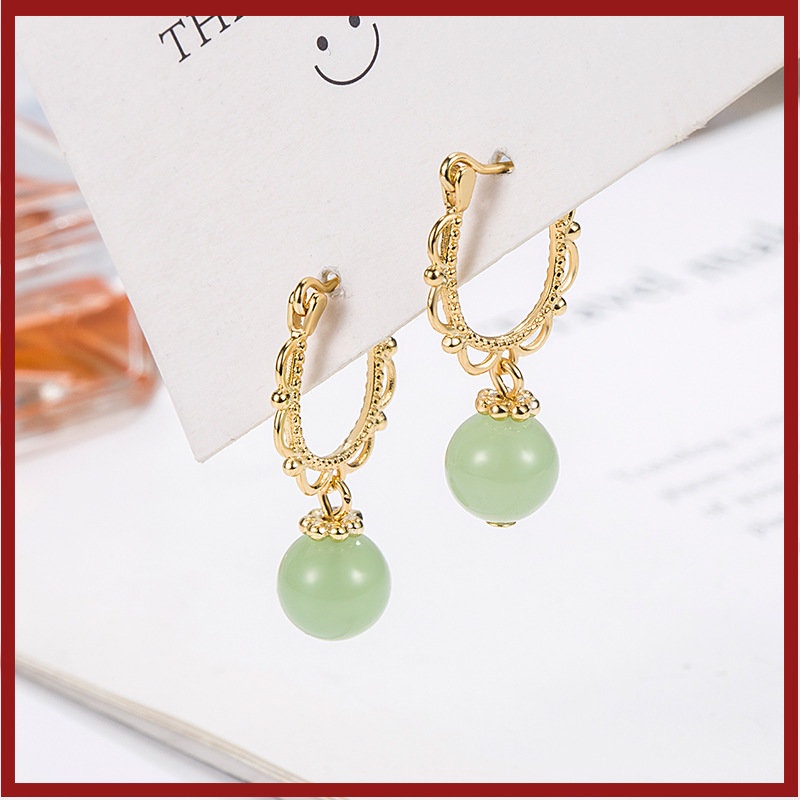 18k Emas Vintage Hetian Jade Earrings Wanita Gaya Pengadilan Anting Bermutu Tinggi U1169