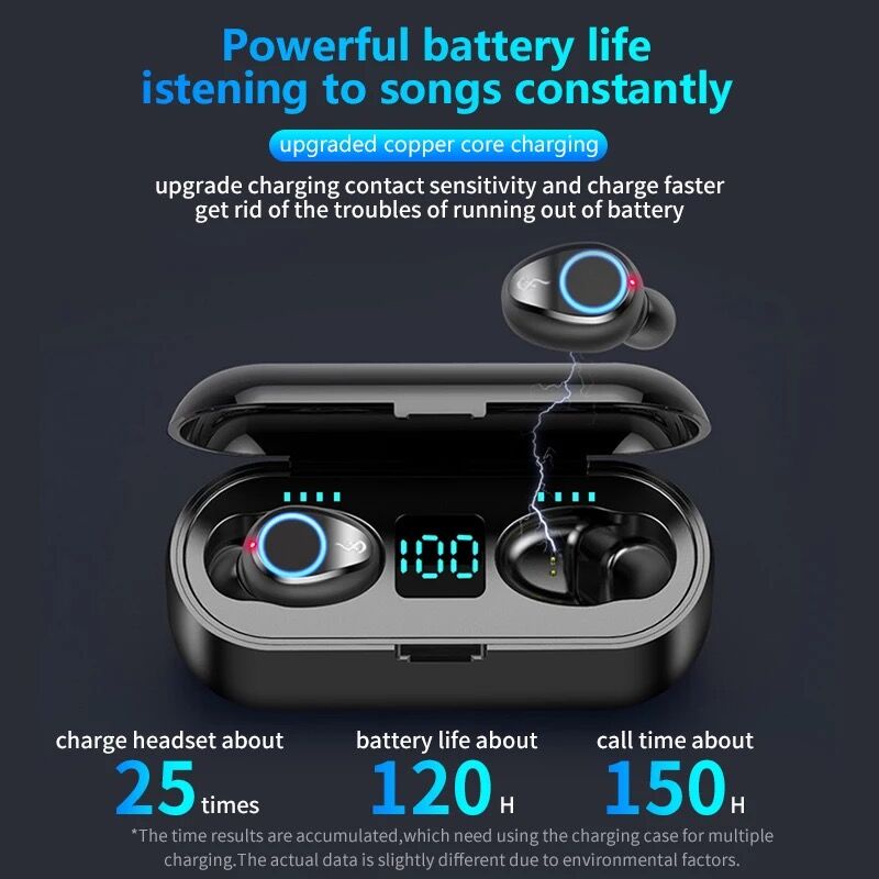 TWS Earphone Bluetooth Wireless Earbuds Digital Click Button LED Display Waterproof Stereo 9D TWS F9