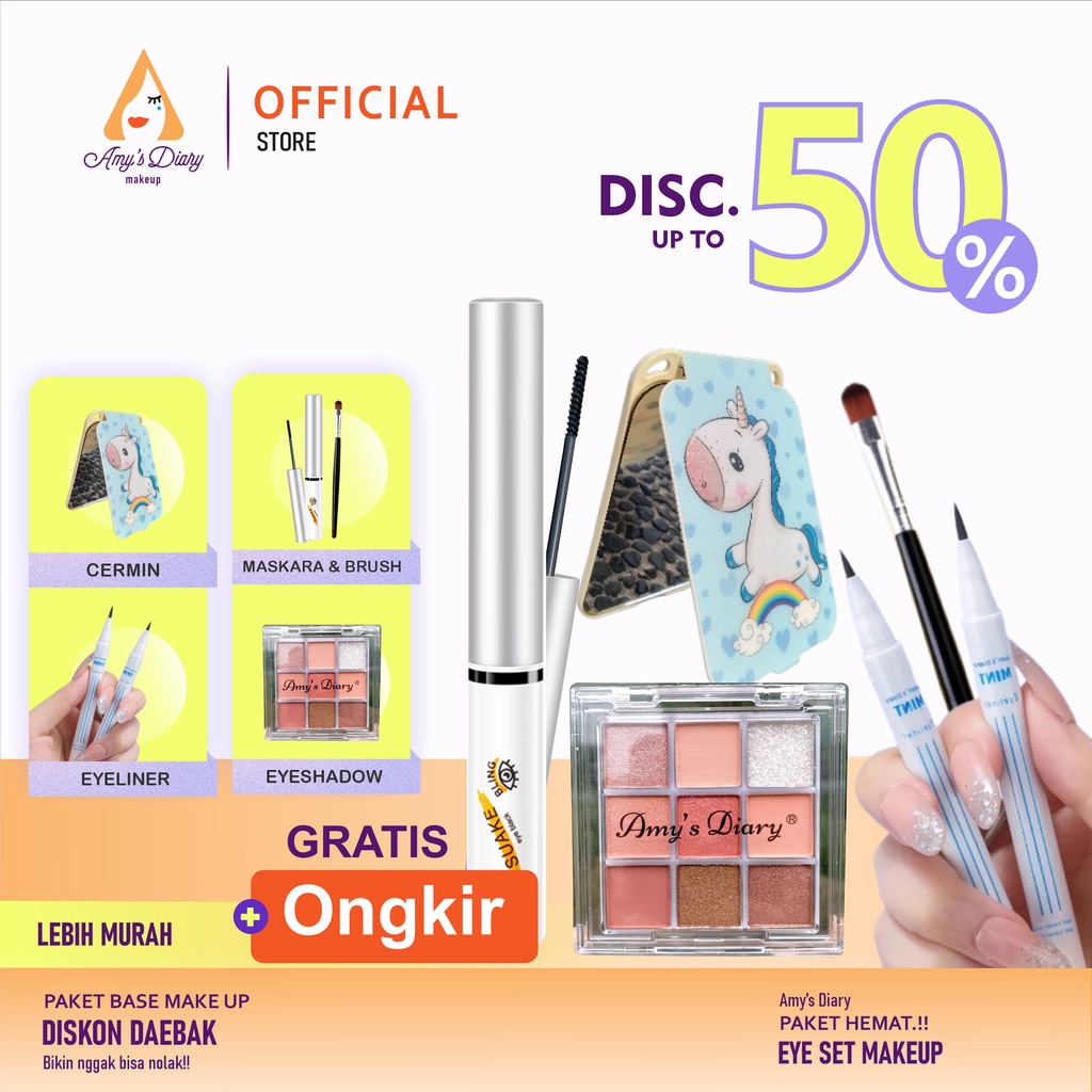 [PAKET HEMAT] Make Up 5 In 1 AMY'S DIARY Eyeliner Masakara Waterproof Eyeshadow Brush Kaca Lipat