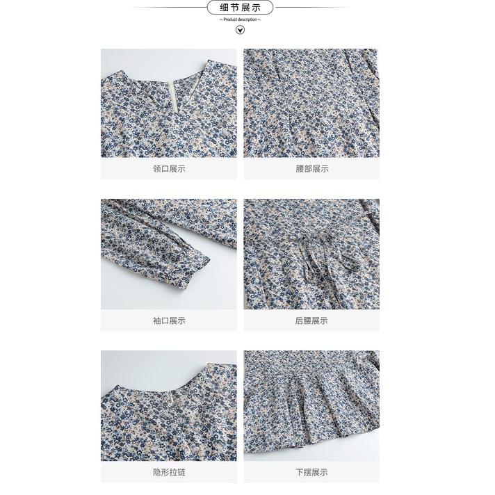 BARANG TERUPDATE AIMEI Biru fishtail floral dress wanita baru Perancis lengan panjang gaun V-neck 40