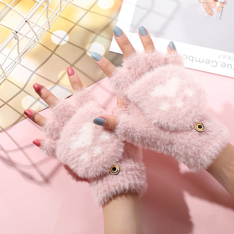 Sarung tangan bulu wanita winter gloves woman women import hangat lembut half finger fingerless 2in1 cat glove musim dingin paw kucing