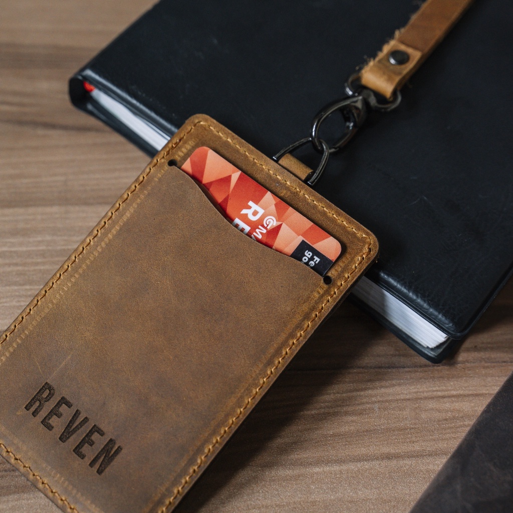 Reven Leather Lanyard - Gantungan Tali ID Card Name Tag Holder Arca Lanyard Pocket Tempat ID Kartu Nama Kantor Sekolah Serbaguna Bahan Kulit Asli Model Kalung Premium Genuine Original