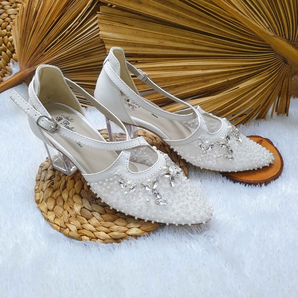 sepatu wedding pesta cantik hasya putih tali hak 7cm kaca