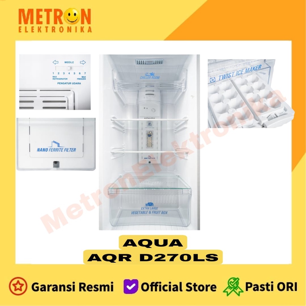 AQUA AQR D 270 LS / LIGHT SILVER LEMARI ES KULKAS 2 PINTU 220 LITER / AQRD270LS