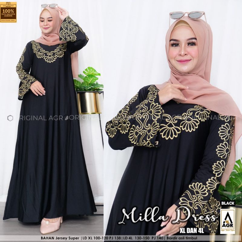 GAMIS JERSEY MUSLIMAH XL DAN JUMBO MILLA DRESS BORDIR ORIGINAL PRODUK