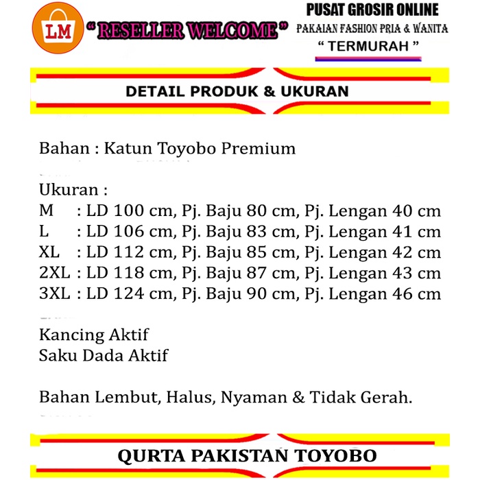 Baju Koko Pria Muslim QURTA PAKISTAN TOYOBO JUMBO Katun Size M - XXXL / 23448-23457