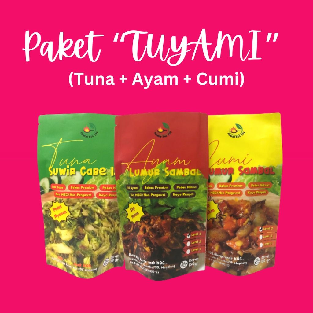 

Paket Tuna Ayam Cumi - by Pawonkos799 Tuna suwir cabe ijo Ayam lumur Sambal dan Cumi Lumur Sambal bebas pilih level kepedasa