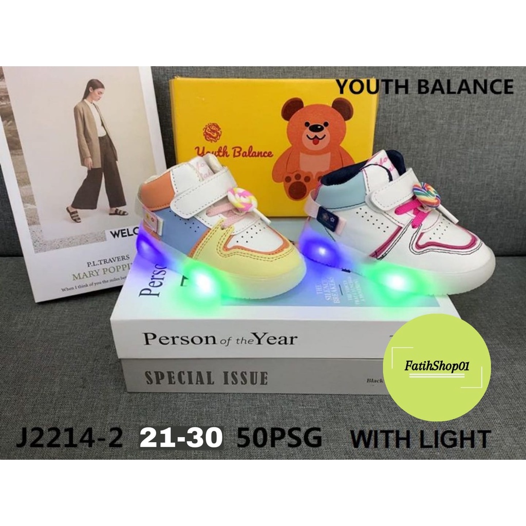 Sepatu anak perempuan fashion LED collorfull import dari YOUTH BALANCE J2214-2 ( 21-30) (FREE BOX &amp; aksesoris lollipop))