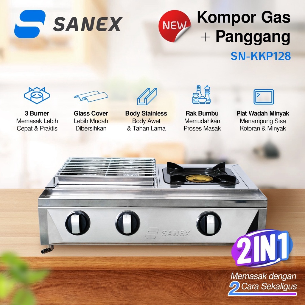 SANEX Kompor Gas + Panggang 2 in 1 SN-KKP128 Kompor Gas 1 Tungku dan Pemanggang 2 Tungku (Sate, Sosis, Ikan, Ayam)