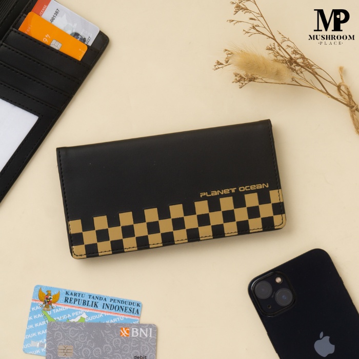 Dompet Lipat Panjang Kartu Pria Planet Ocean Hitam List Kotak-Kotak Original - PO14