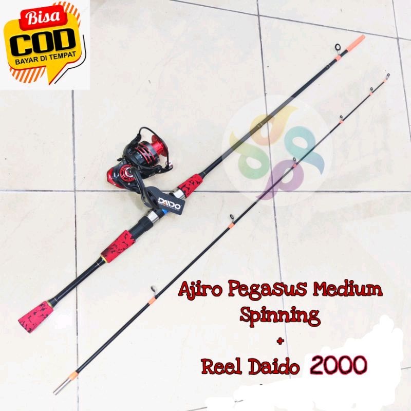 satu set Joran Spinning mendium Ajiro Pegasus 180 cm reel besi daido 2000 bonus senar PE 50 M