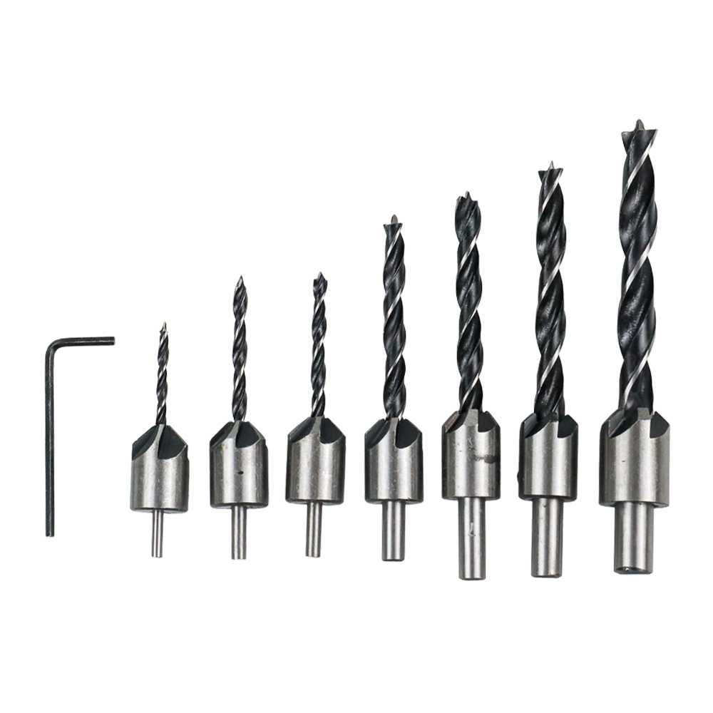 Mata Bor Kayu Set Bulat Panjang 3MM 12MM 7 PCS Lengkap  Drill Bit Countersink HSS Taffware