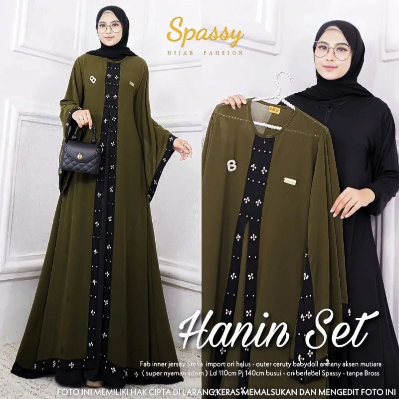 Hanin Set Gamis Abaya Kaftan Outer Panjang Ceruty Babydoll Setelan Wanita Jumbo Baju Kondangan One Set Wanita Kekinian